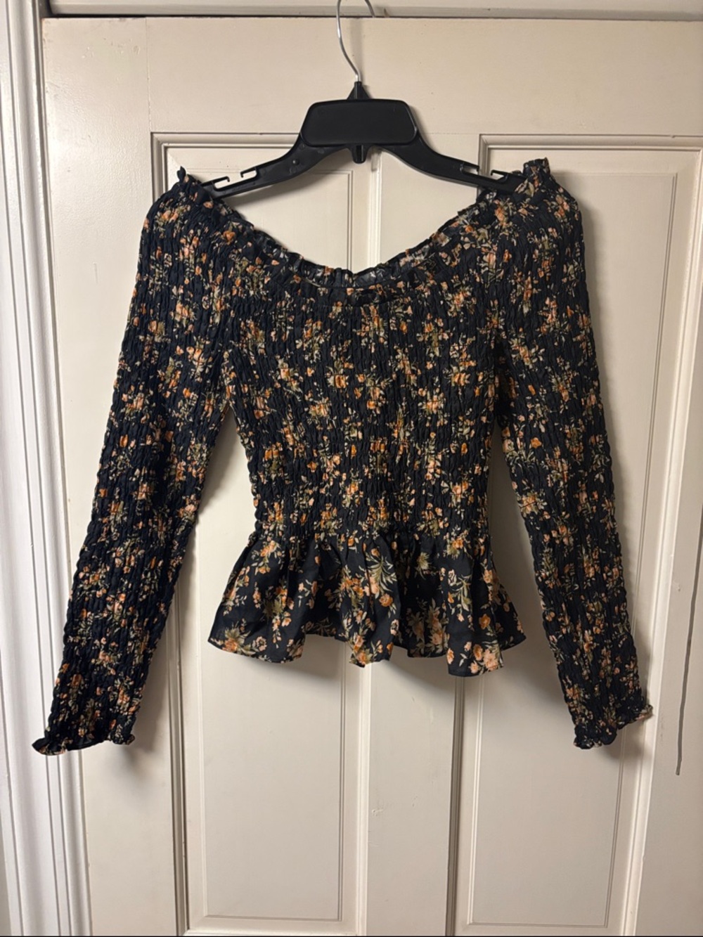 Doen Black Floral Smocked Peplum Blouse with Orange and Cream Flowers - Picture 6 of 6